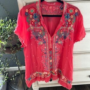 Johnny Was Short Sleeve Tunic Silk and Embroidery XL